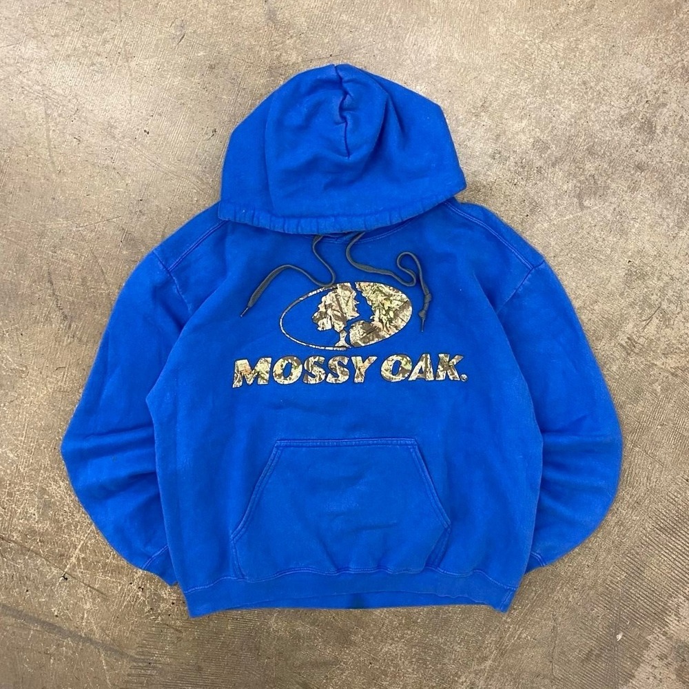 Y2K Mossy Oak Blue Camo Logo Hunting Hoodie Size Medium
